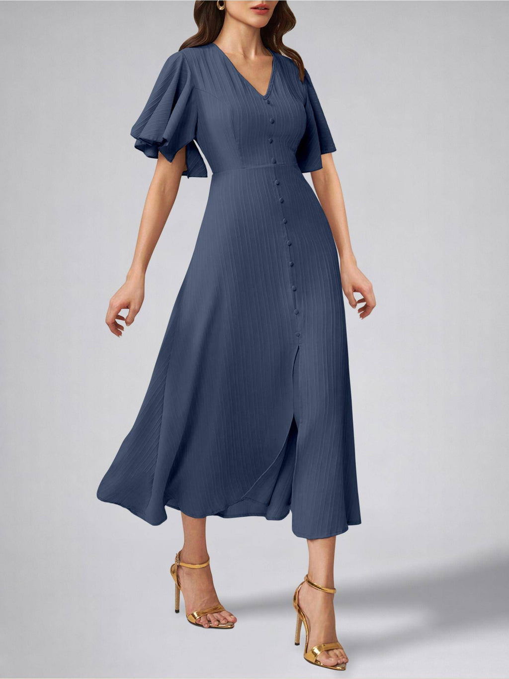 Womens Flutter Sleeves Indigo Blue Pleated Midi Dress | D56 - view 6