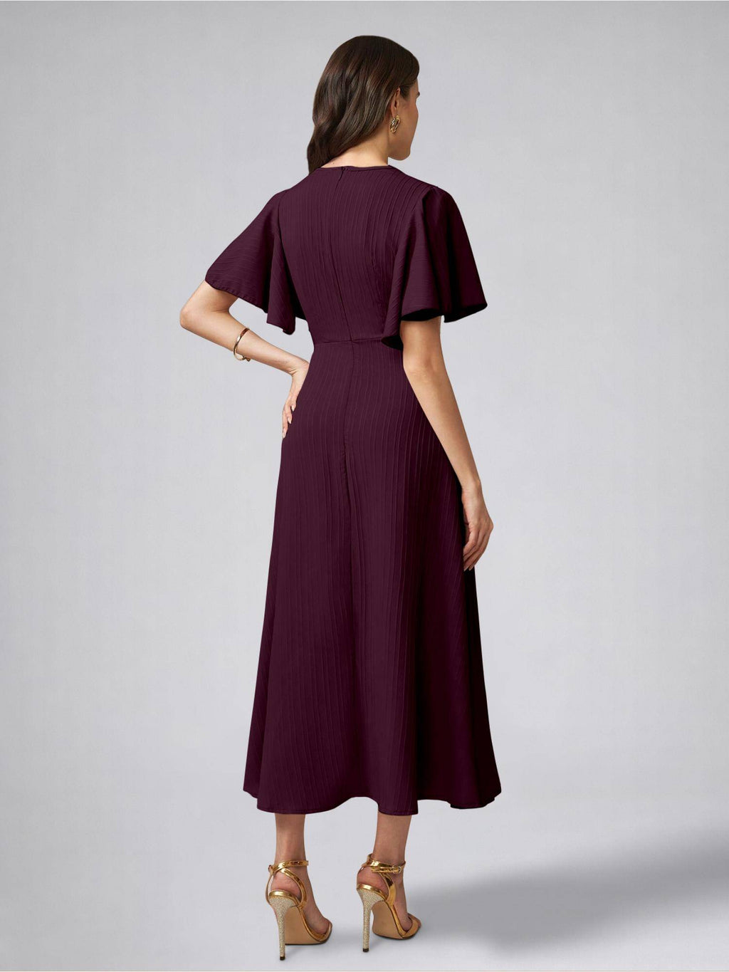 Womens Flutter Sleeves Indigo Blue Pleated Midi Dress | D56 - view 26
