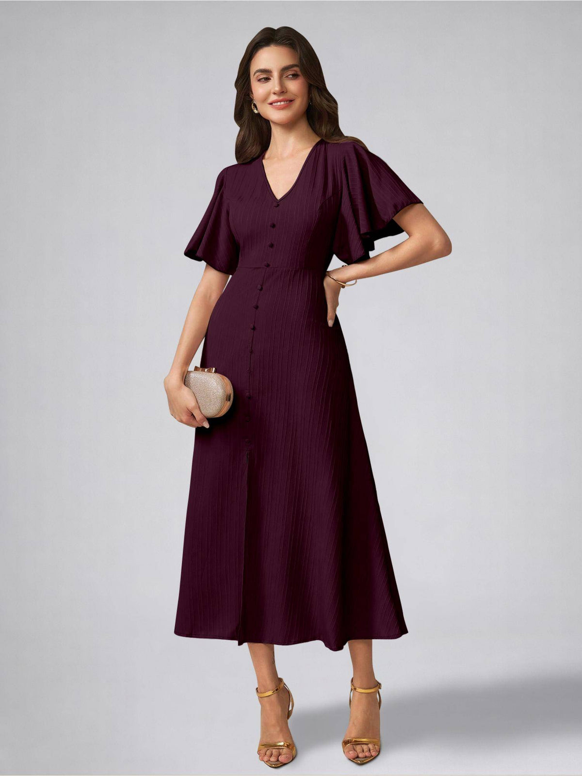 Womens Flutter Sleeves Magenta Pleated Midi Dress | D56 - view 3
