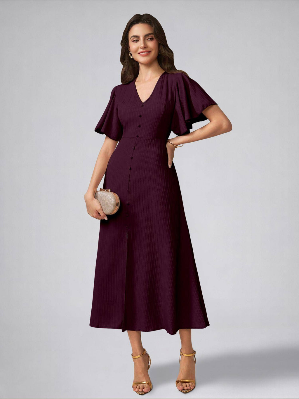 Womens Flutter Sleeves Indigo Blue Pleated Midi Dress | D56 - view 27