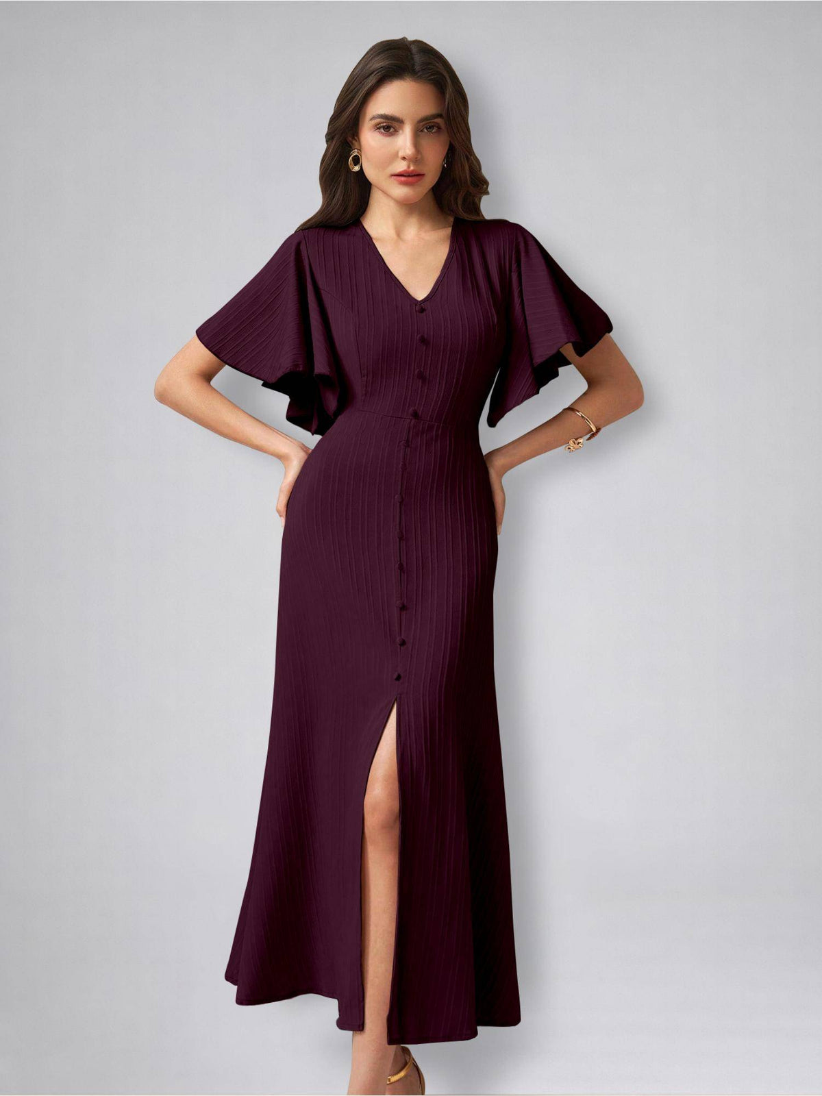 Womens Flutter Sleeves Magenta Pleated Midi Dress | D56 - view 4