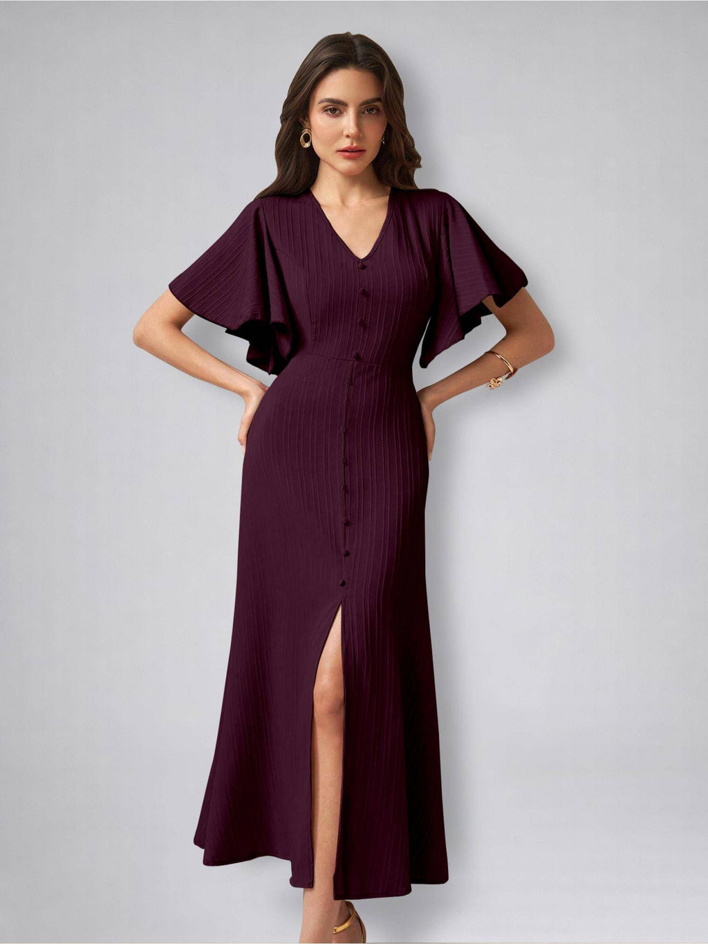 Womens Flutter Sleeves Indigo Blue Pleated Midi Dress | D56 - view 28