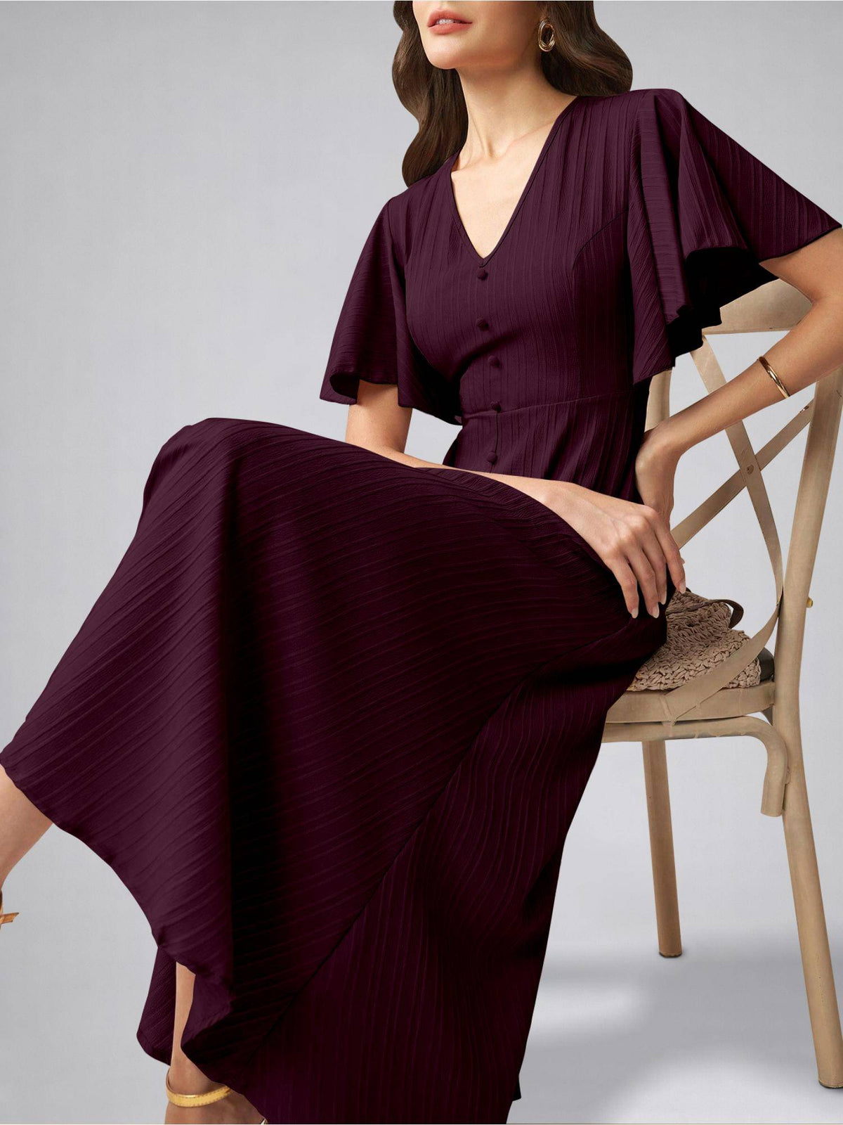 Womens Flutter Sleeves Magenta Pleated Midi Dress | D56 - view 5