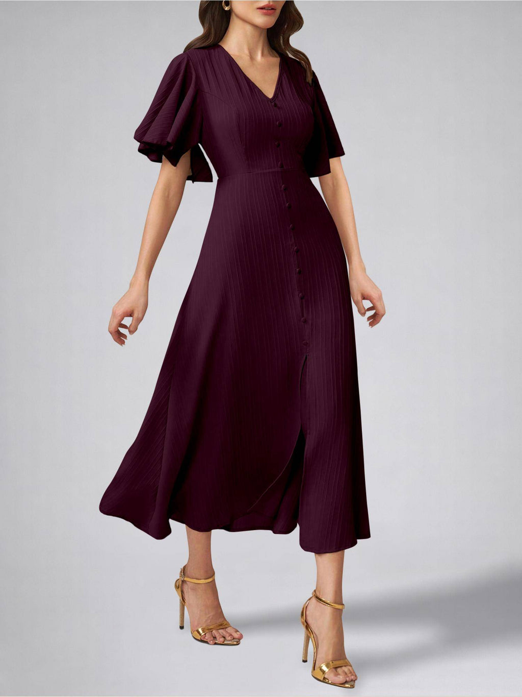 Womens Flutter Sleeves Indigo Blue Pleated Midi Dress | D56 - view 30