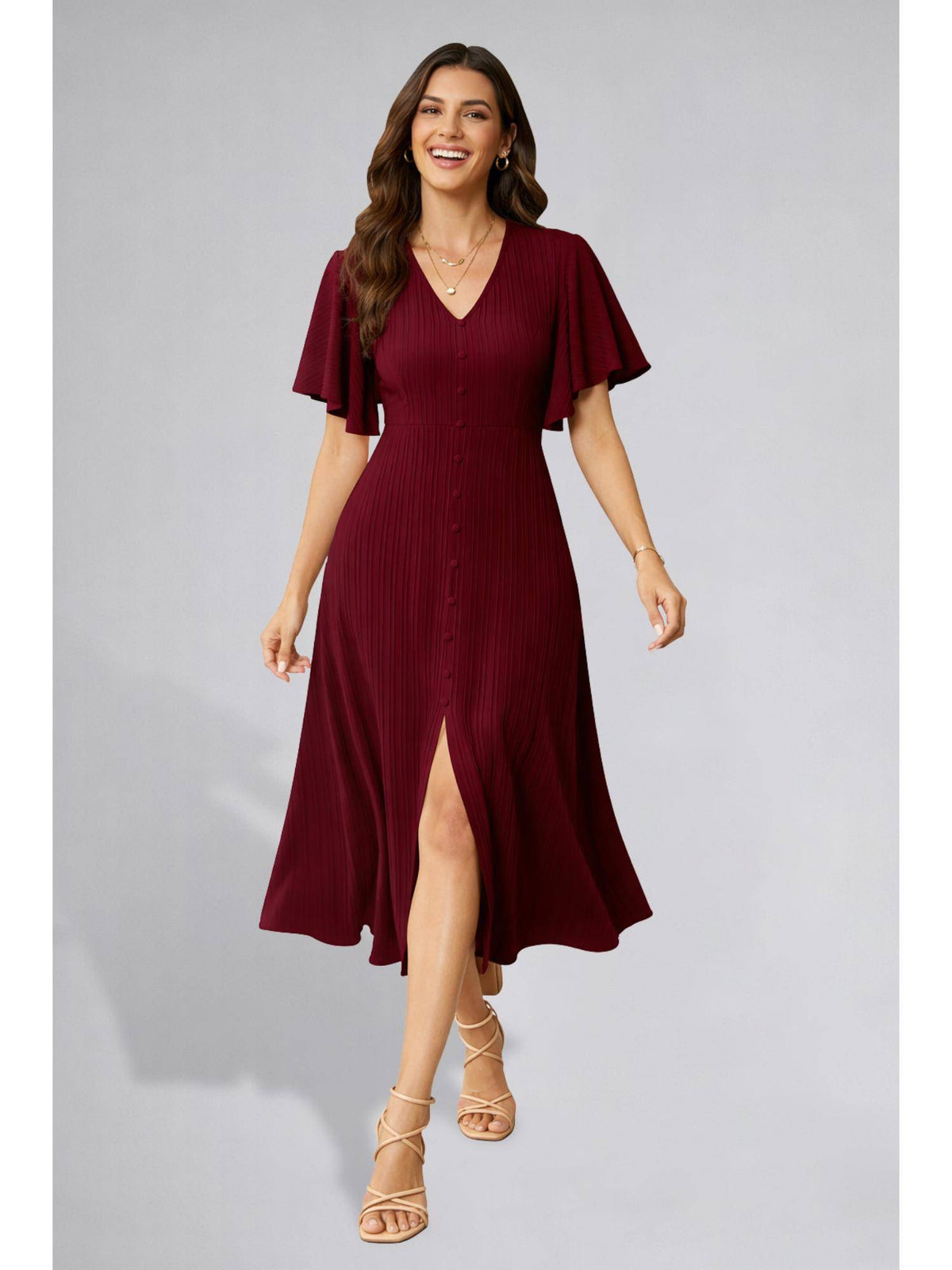 Womens Flutter Sleeves Hot Pink Pleated Midi Dress | D56 - view 19