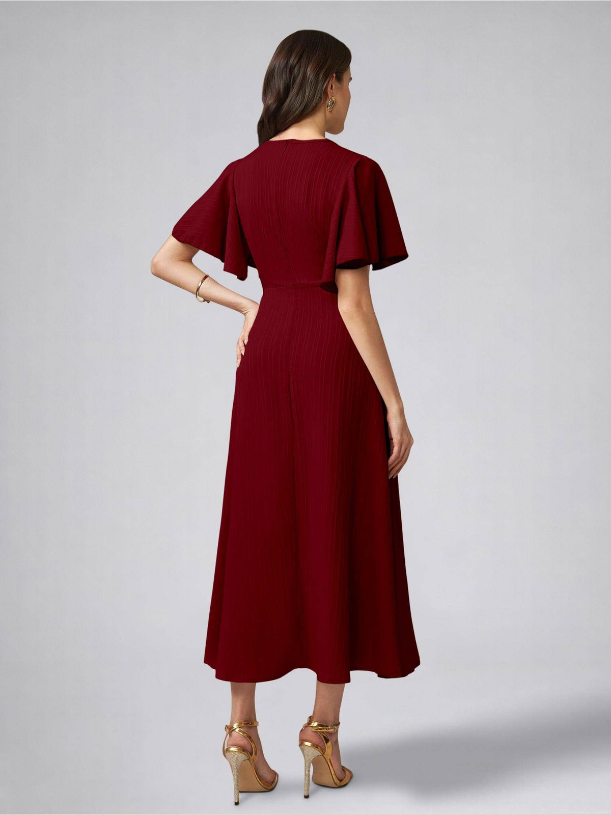 Womens Flutter Sleeves Indigo Blue Pleated Midi Dress | D56 - view 20
