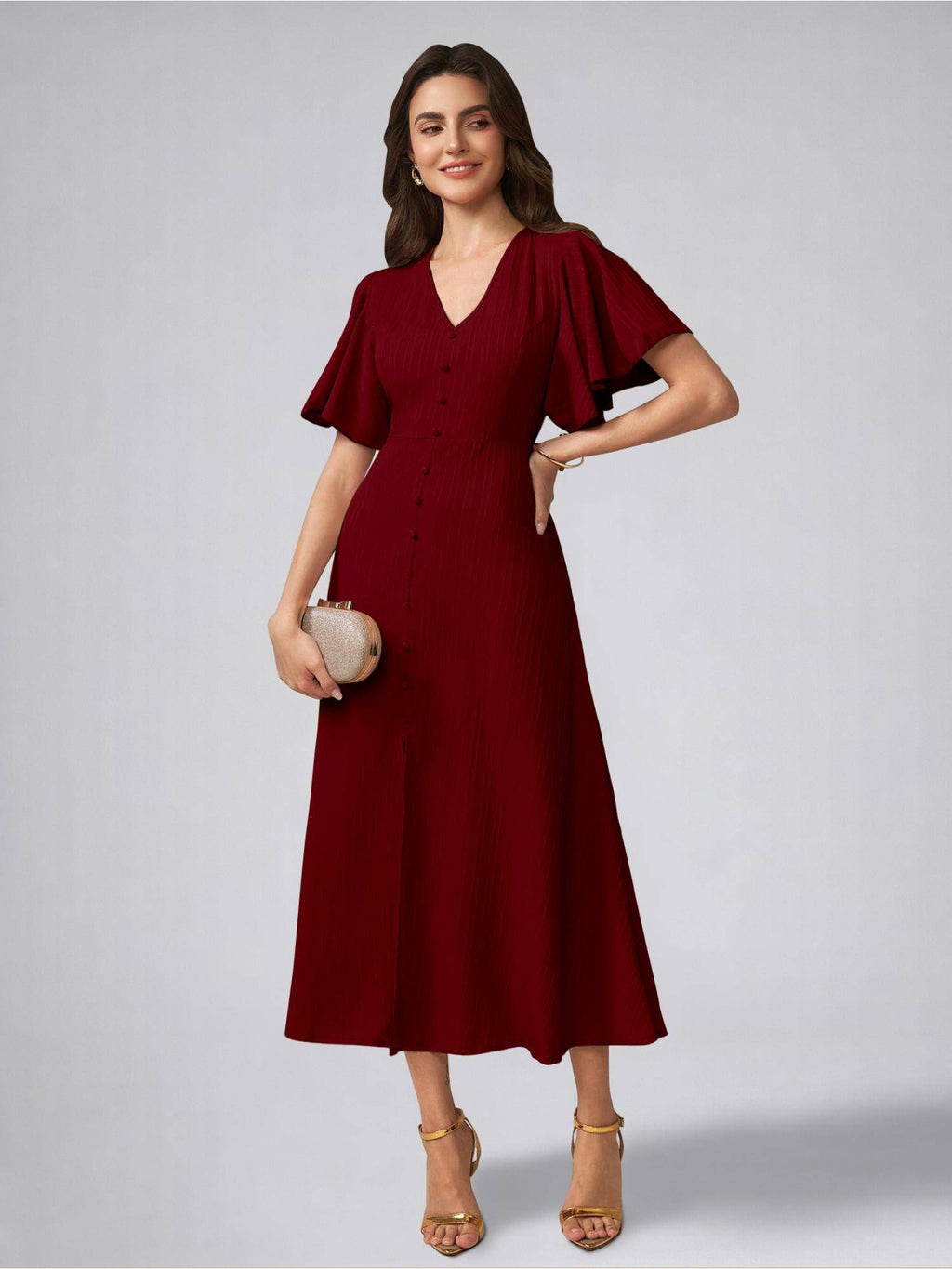 Womens Flutter Sleeves Indigo Blue Pleated Midi Dress | D56 - view 21