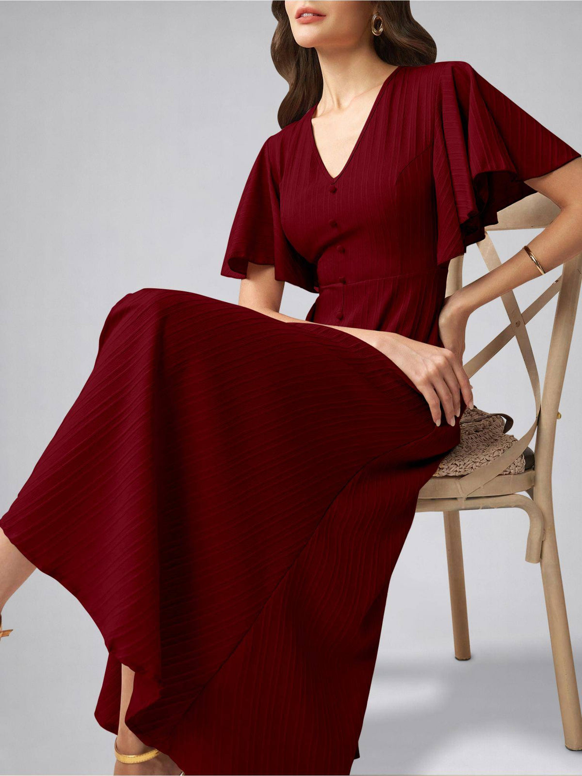 Womens Flutter Sleeves Indigo Blue Pleated Midi Dress | D56 - view 23