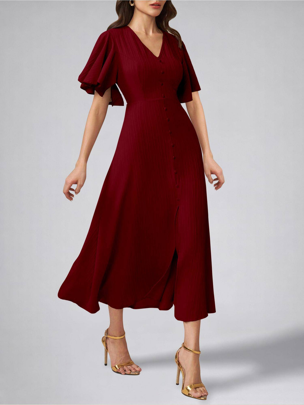 Womens Flutter Sleeves Indigo Blue Pleated Midi Dress | D56 - view 24
