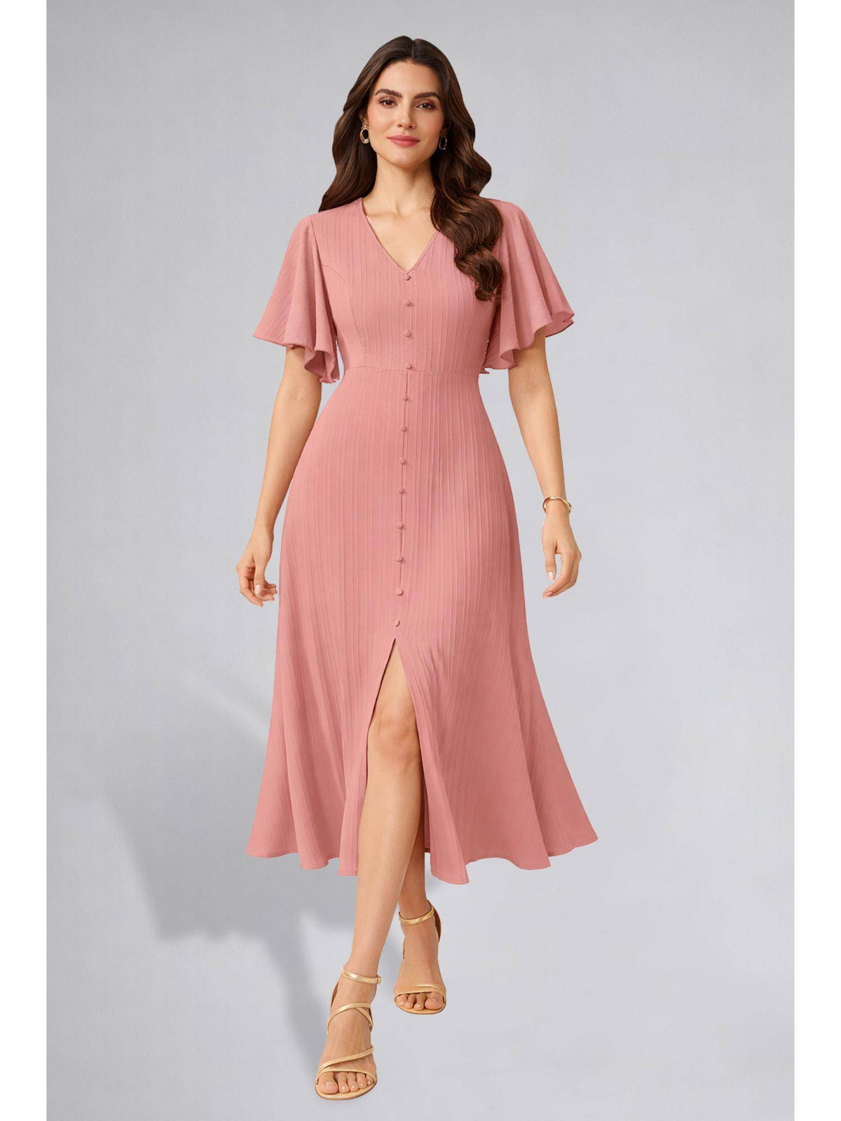 Womens Flutter Sleeves Magenta Pleated Midi Dress | D56 - view 43