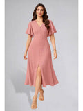 Womens Flutter Sleeves Peach Pleated Midi Dress | D56 - view 1