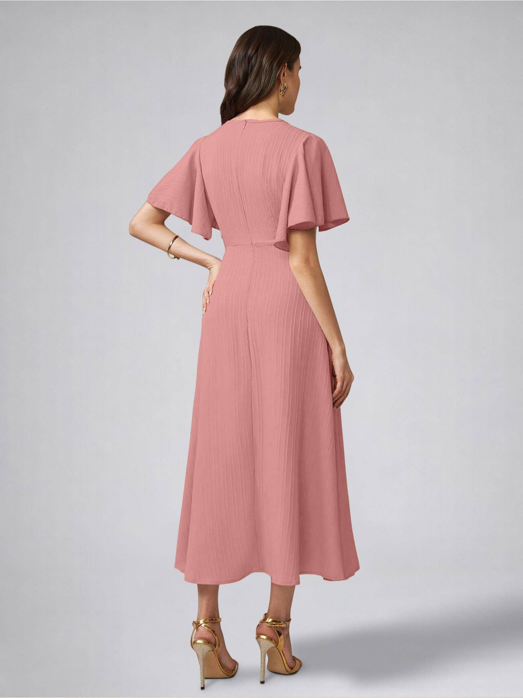 Womens Flutter Sleeves Peach Pleated Midi Dress | D56 - view 2