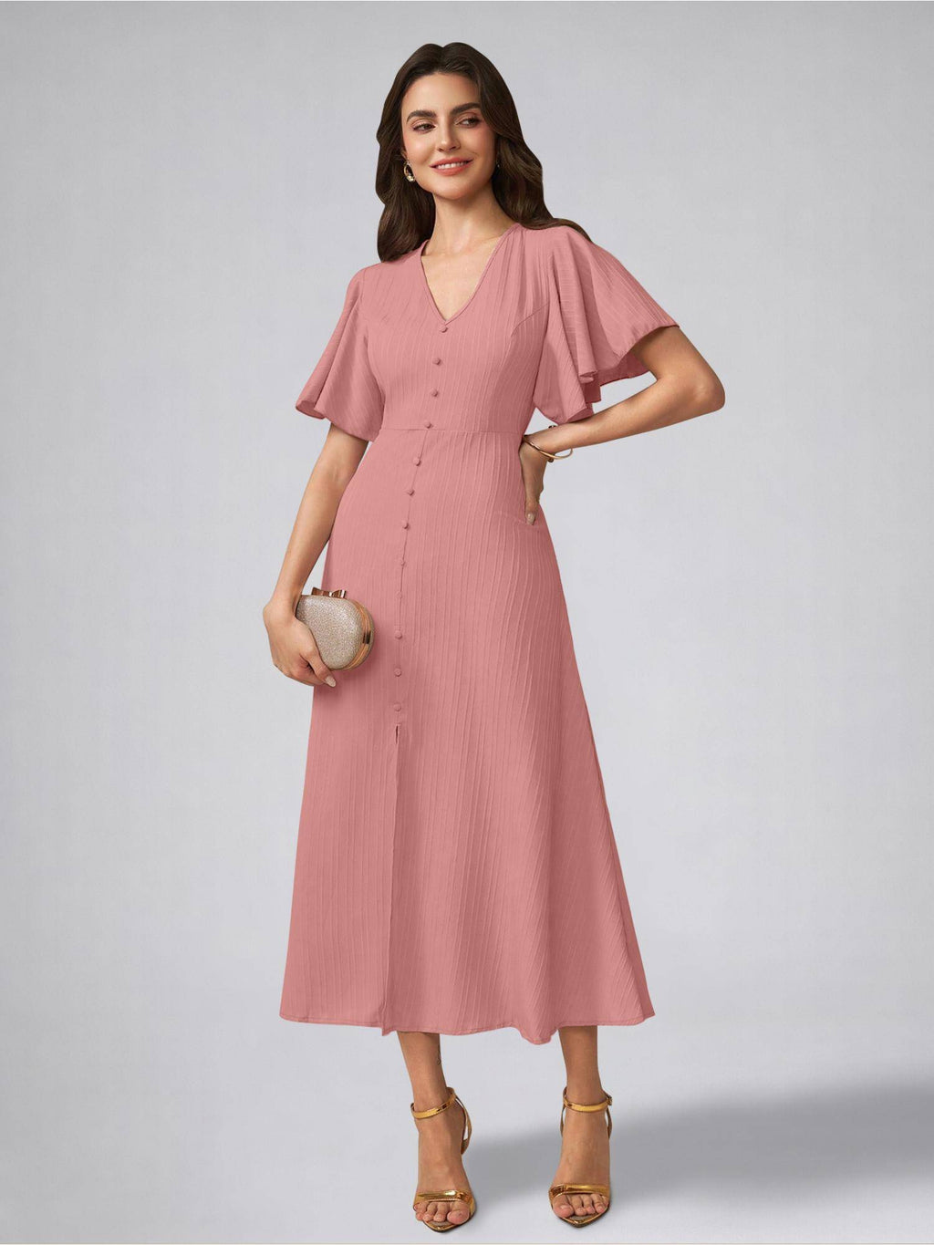 Womens Flutter Sleeves Peach Pleated Midi Dress | D56 - view 3