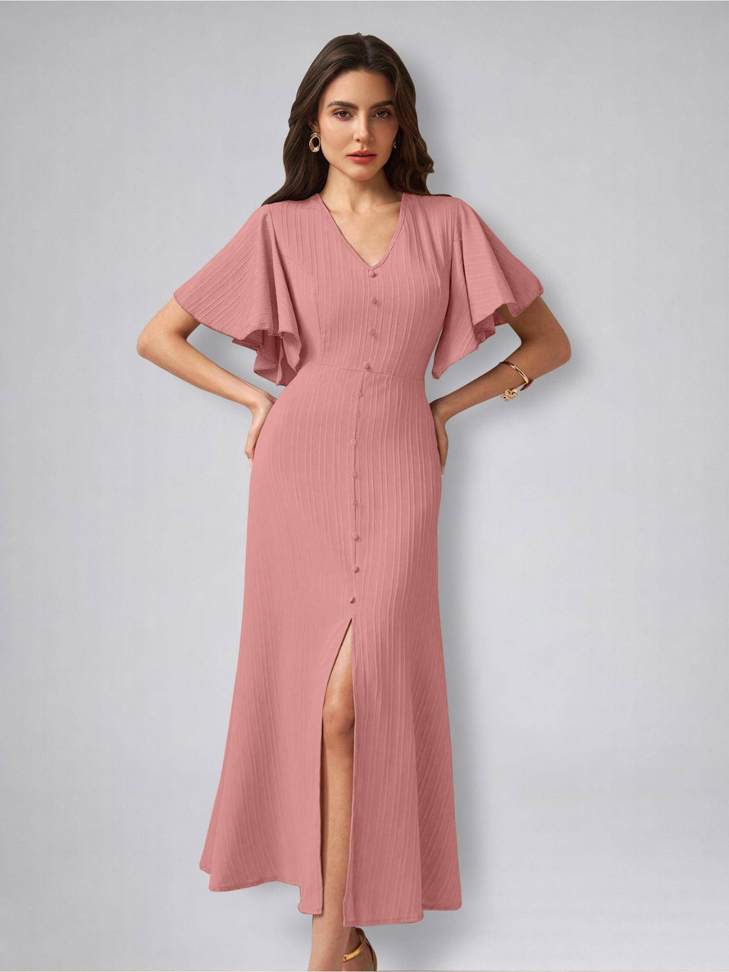 Womens Flutter Sleeves Peach Pleated Midi Dress | D56 - view 4