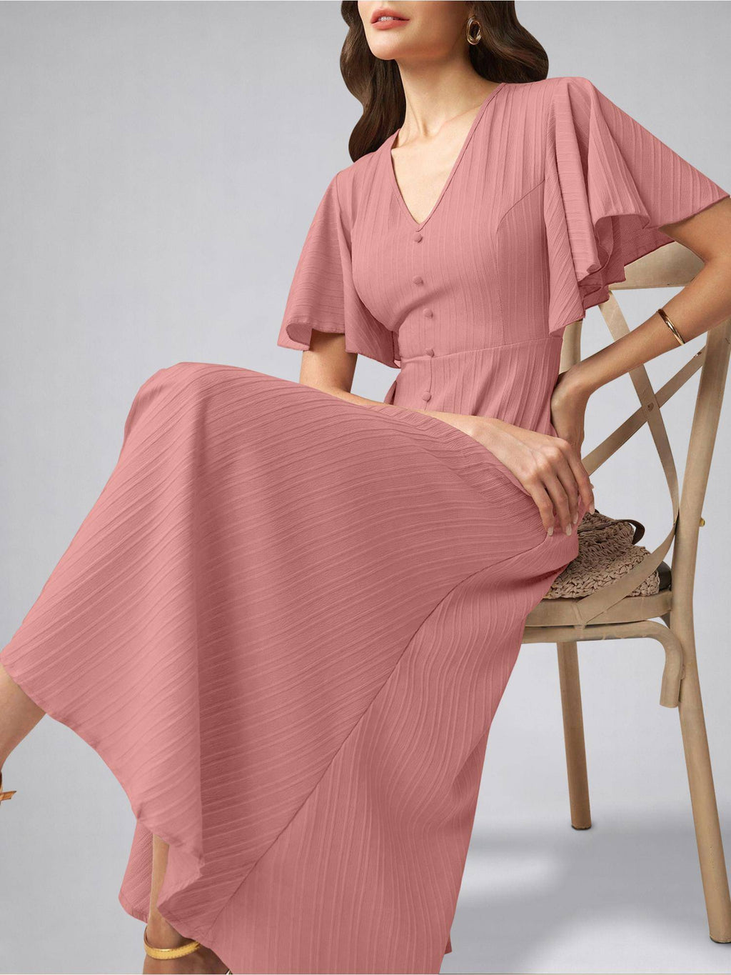 Womens Flutter Sleeves Peach Pleated Midi Dress | D56 - view 5