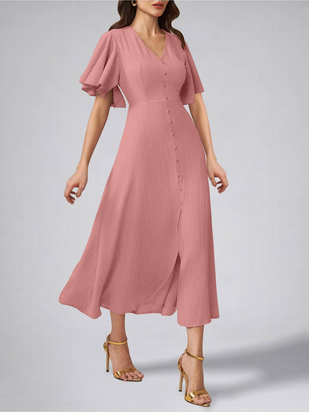 Womens Flutter Sleeves Peach Pleated Midi Dress | D56 - view 6