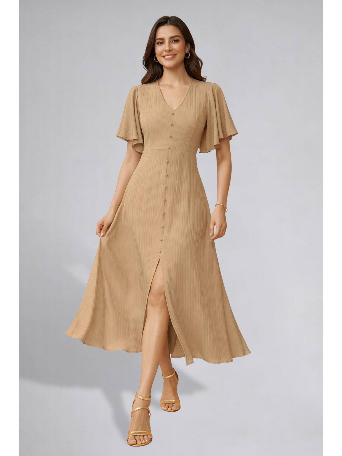 Womens Flutter Sleeves Black Pleated Midi Dress | D56 - view 7