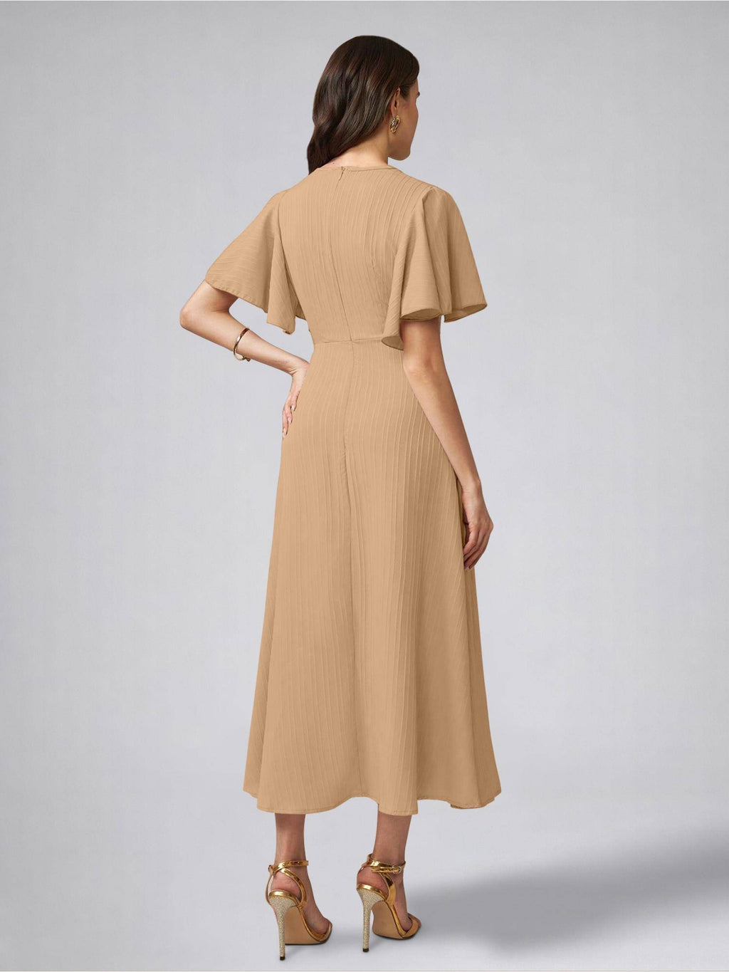 Womens Flutter Sleeves Beige Pleated Midi Dress | D56 - view 2