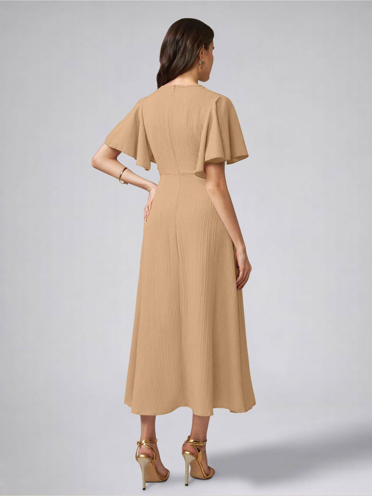 Womens Flutter Sleeves Beige Pleated Midi Dress | D56 - view 2