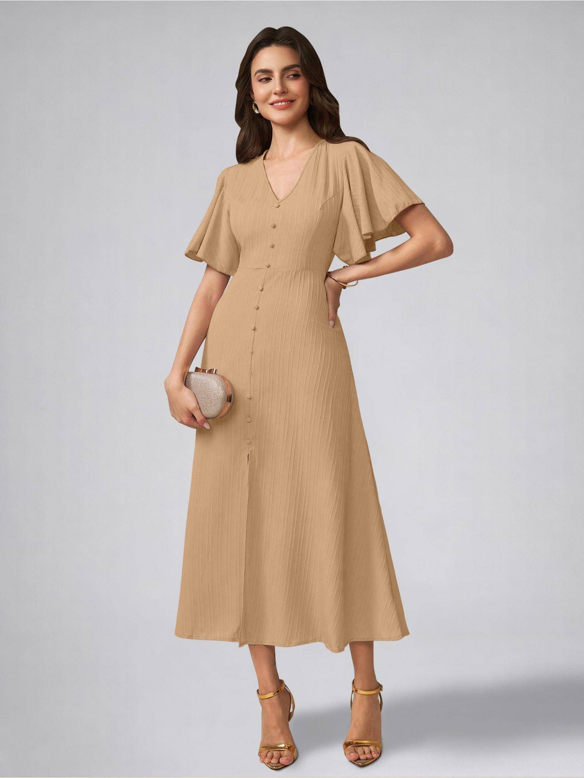 Womens Flutter Sleeves Beige Pleated Midi Dress | D56 - view 3
