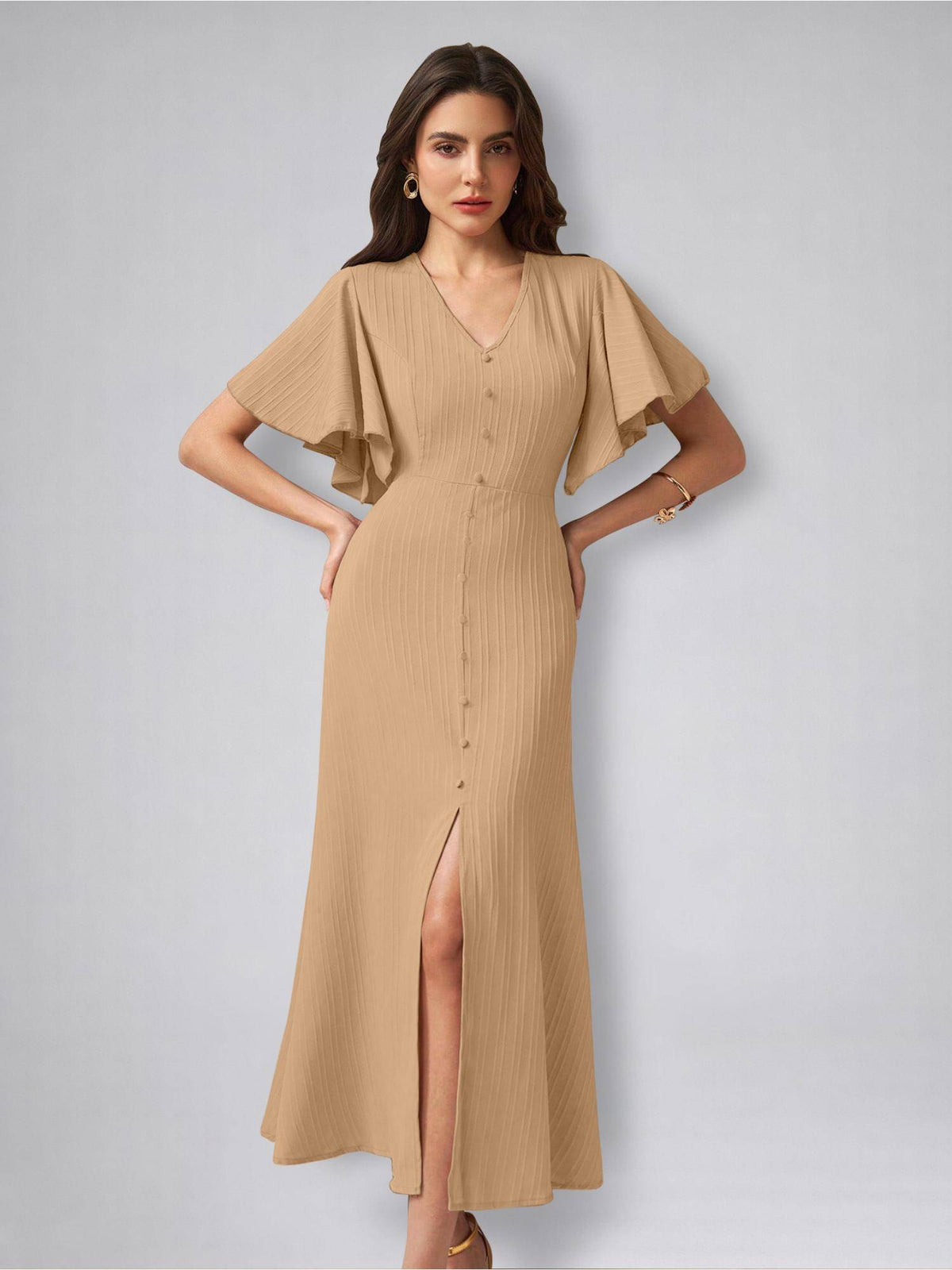 Womens Flutter Sleeves Beige Pleated Midi Dress | D56 - view 4