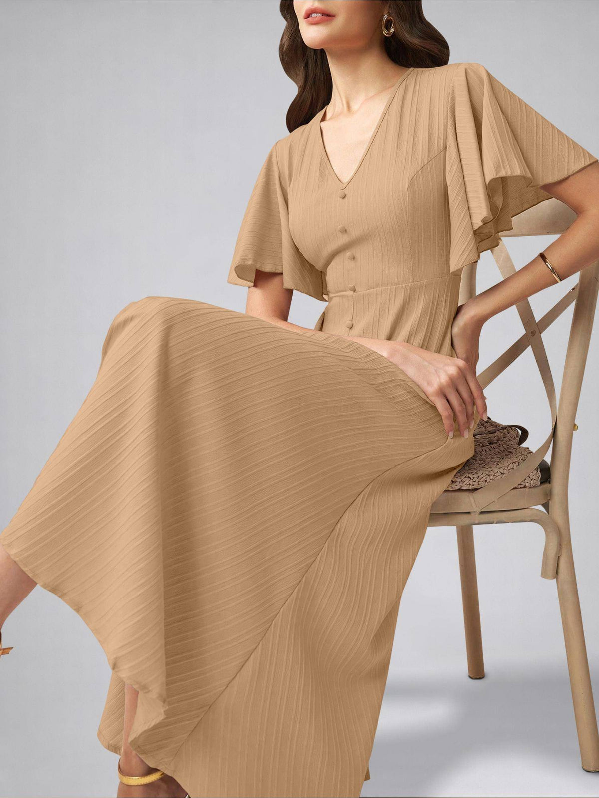 Womens Flutter Sleeves Beige Pleated Midi Dress | D56 - view 5
