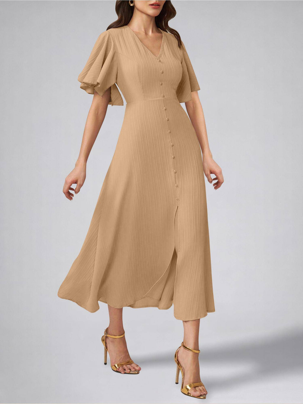 Womens Flutter Sleeves Beige Pleated Midi Dress | D56 - view 6