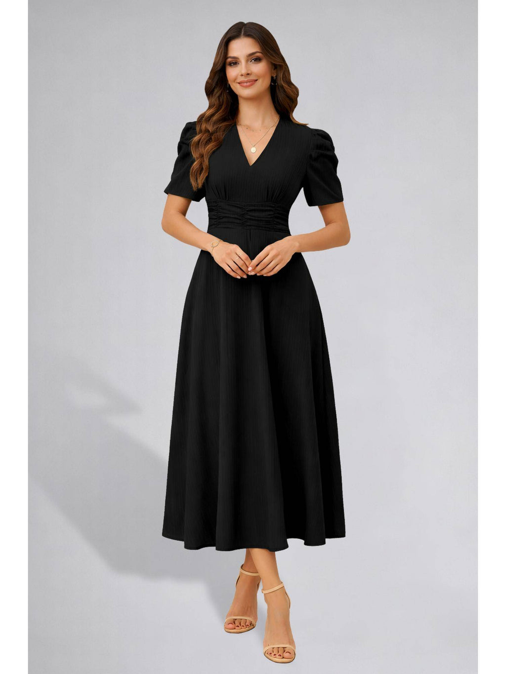 Womens Puff Sleeve Black Solid V-Neck A-Line Midi Dress | D56 - view 1