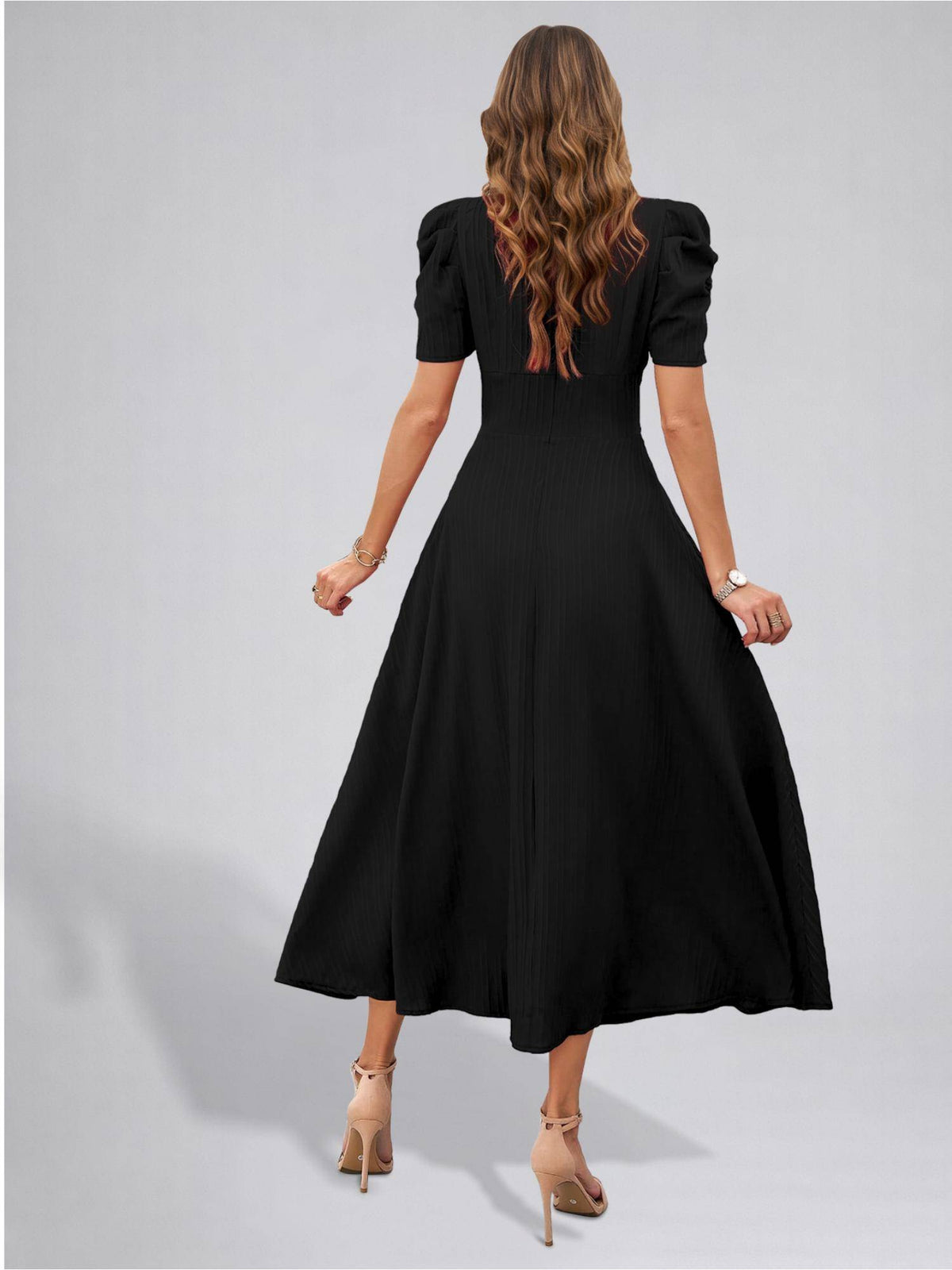 Womens Puff Sleeve Hot Pink Solid V-Neck A-Line Midi Dress | D56 - view 49