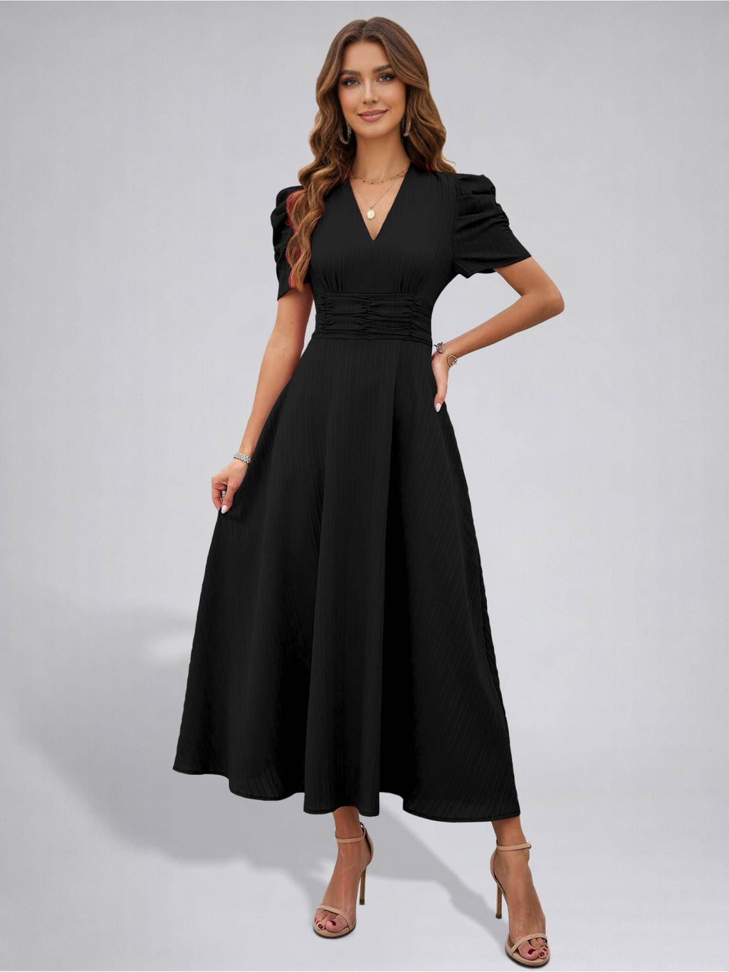 Womens Puff Sleeve Black Solid V-Neck A-Line Midi Dress | D56 - view 3