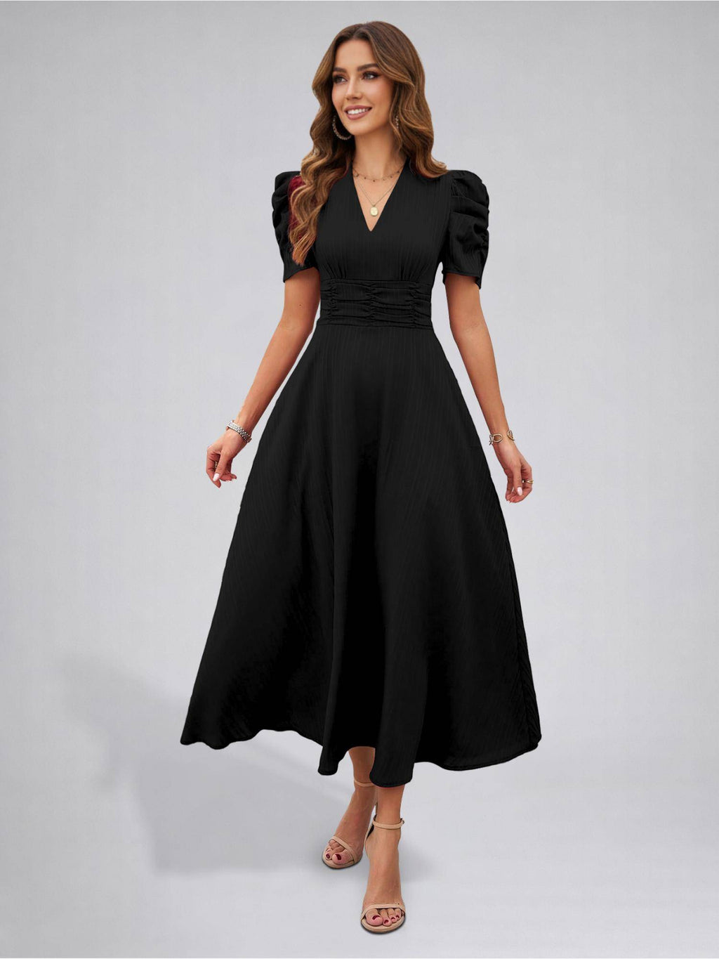 Womens Puff Sleeve Magenta Solid V-Neck A-Line Midi Dress | D56 - view 37