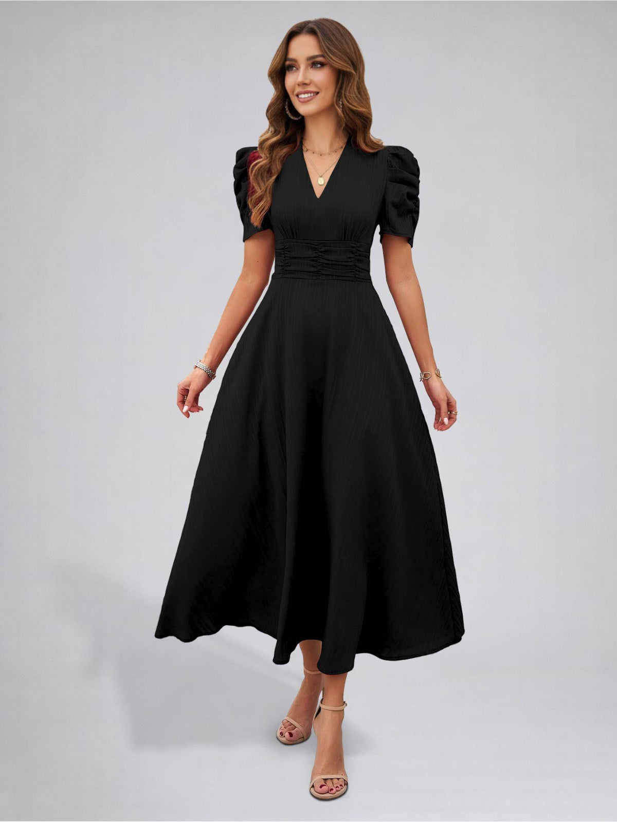 Womens Puff Sleeve Magenta Solid V-Neck A-Line Midi Dress | D56 - view 37
