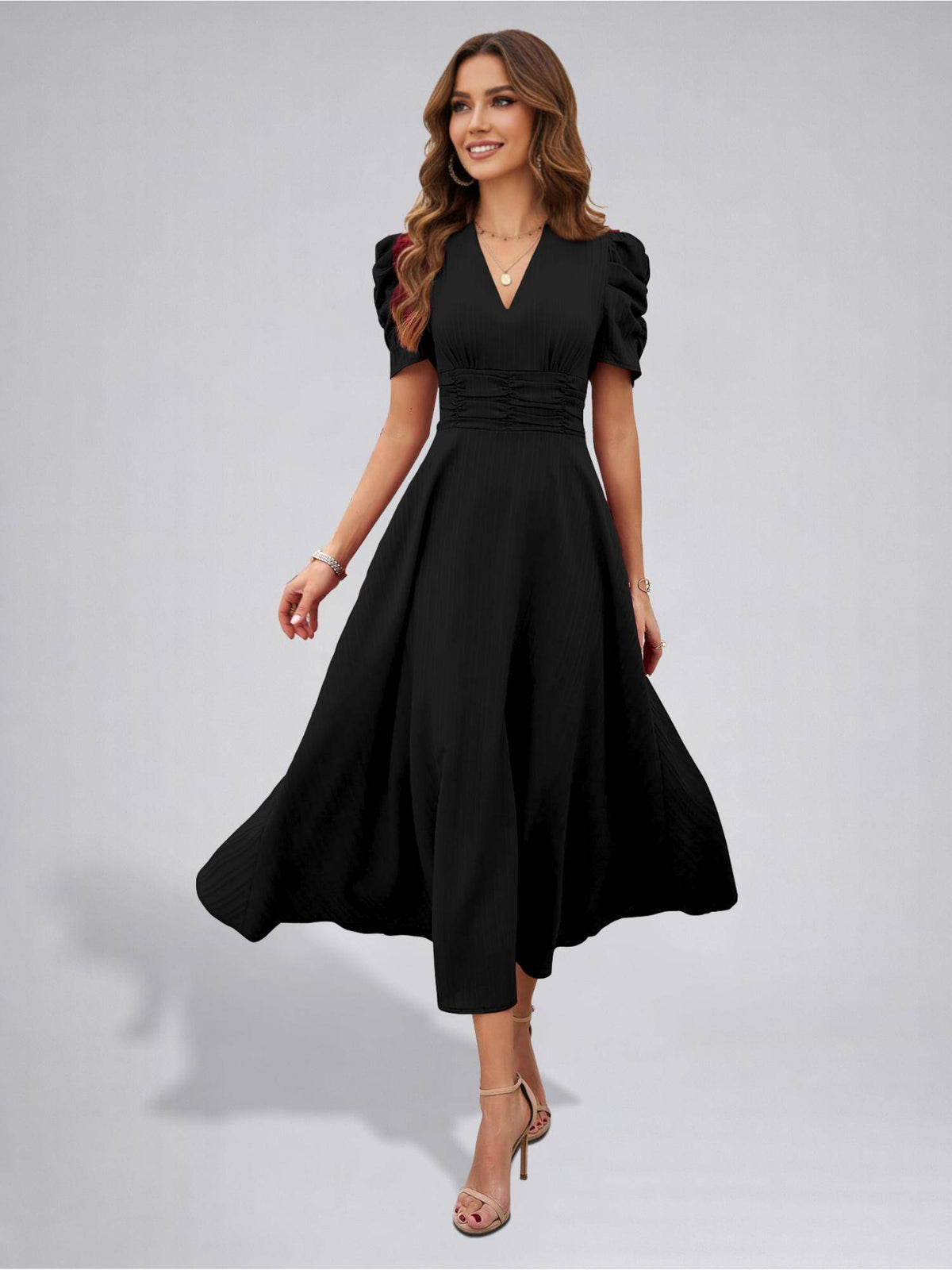 Womens Puff Sleeve Black Solid V-Neck A-Line Midi Dress | D56 - view 5