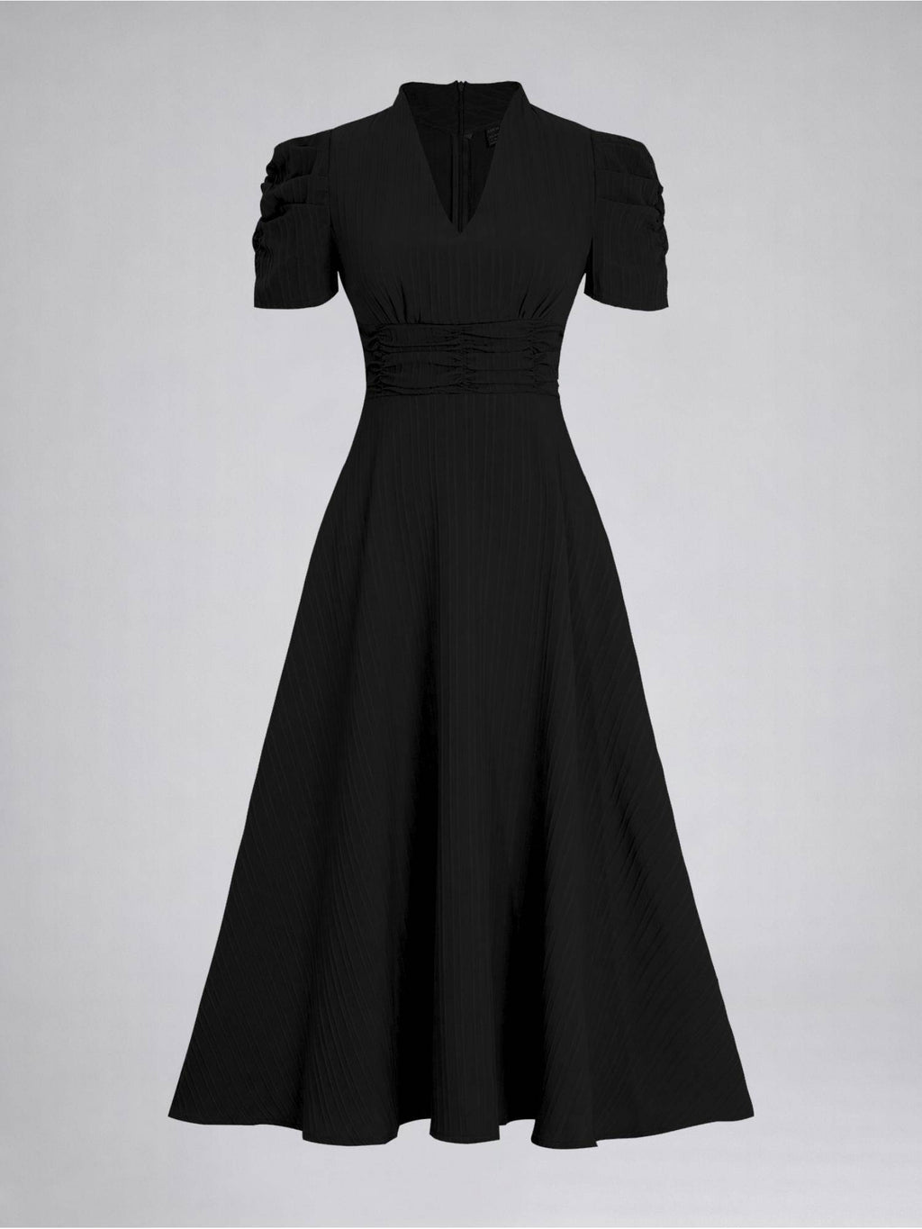 Womens Puff Sleeve Black Solid V-Neck A-Line Midi Dress | D56 - view 6