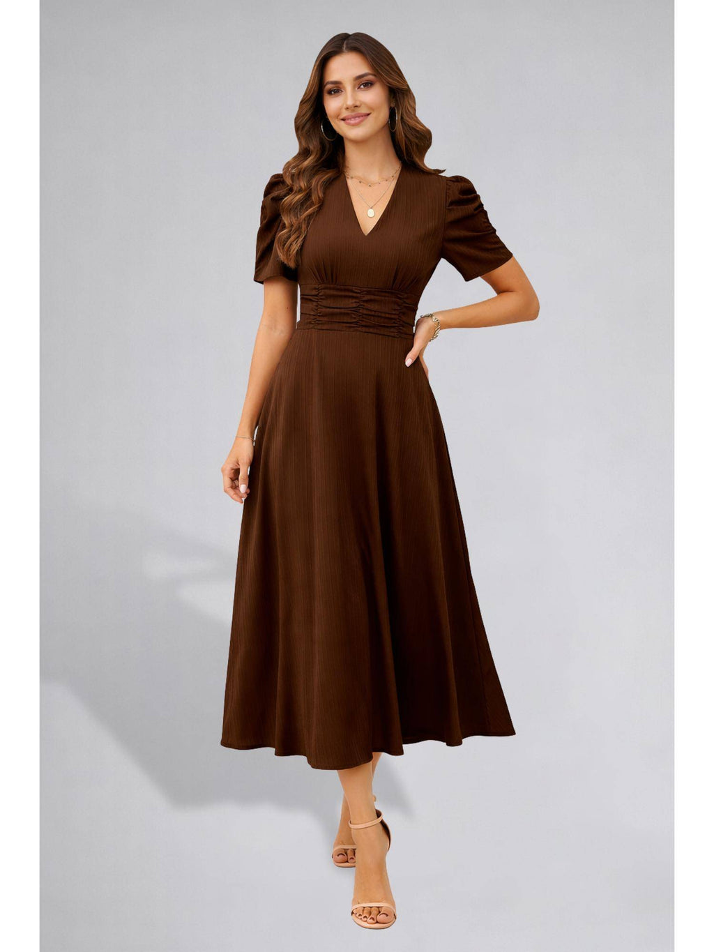 Womens Puff Sleeve Brown Solid V-Neck A-Line Midi Dress | D56 - view 1