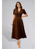 Womens Puff Sleeve Magenta Solid V-Neck A-Line Midi Dress | D56 - view 15