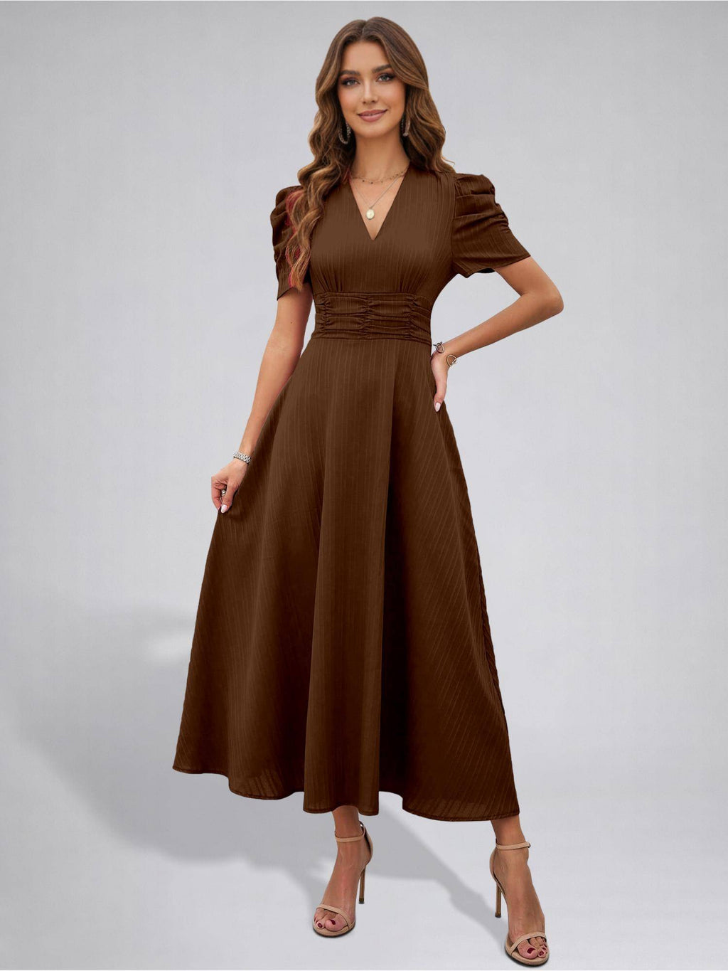 Womens Puff Sleeve Brown Solid V-Neck A-Line Midi Dress | D56 - view 3