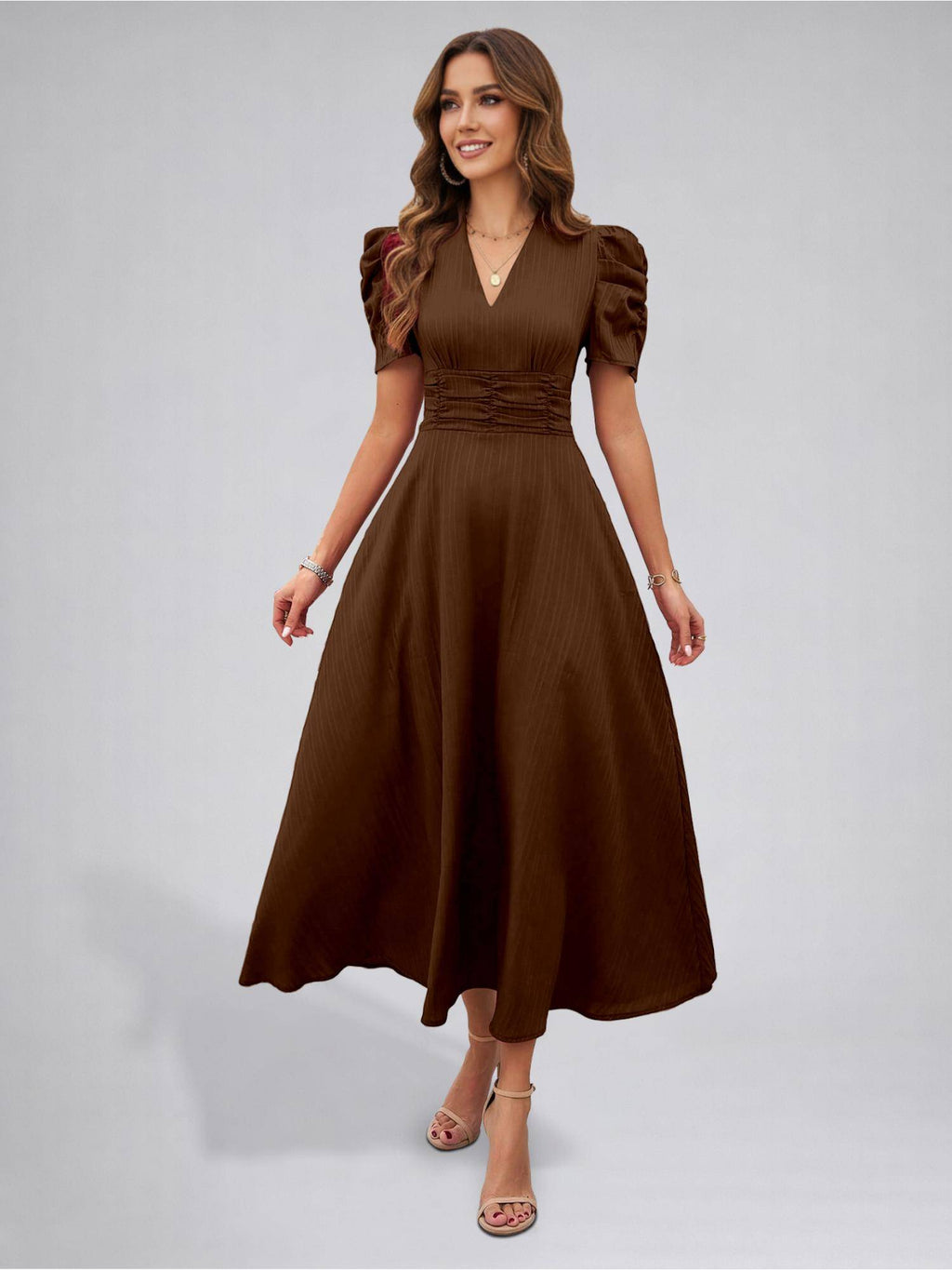 Womens Puff Sleeve Magenta Solid V-Neck A-Line Midi Dress | D56 - view 18