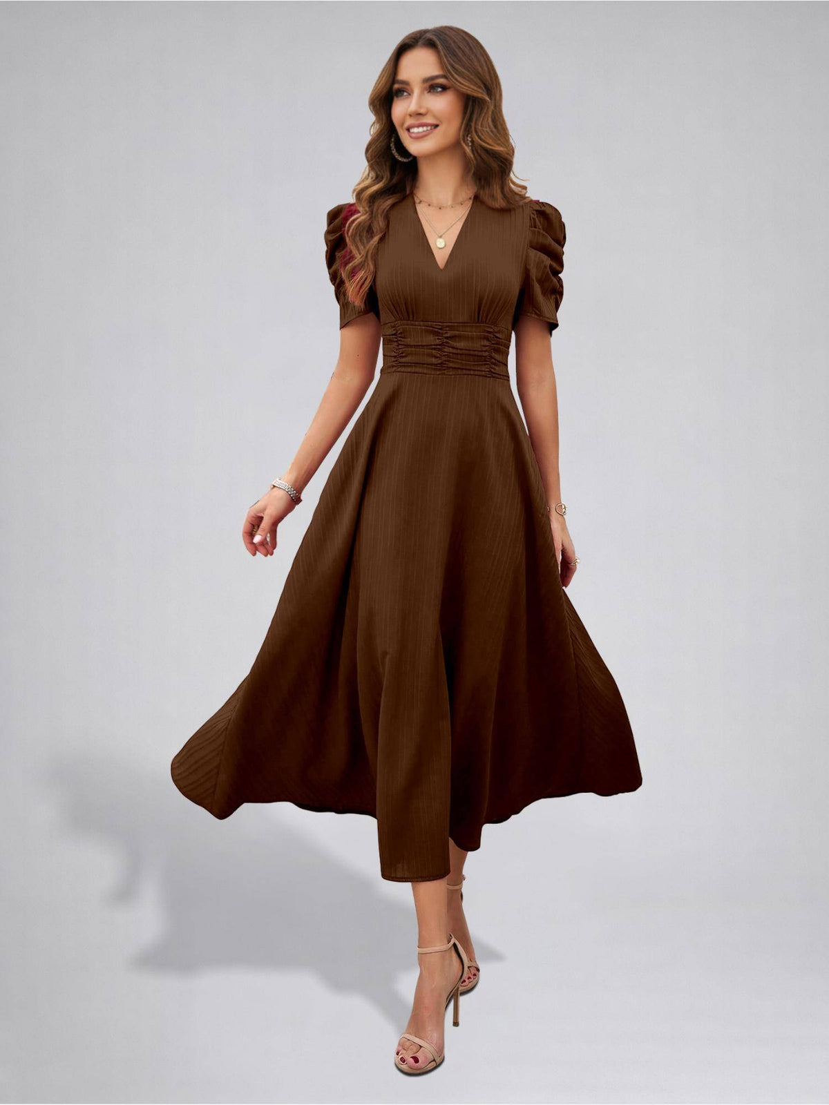 Womens Puff Sleeve Magenta Solid V-Neck A-Line Midi Dress | D56 - view 19
