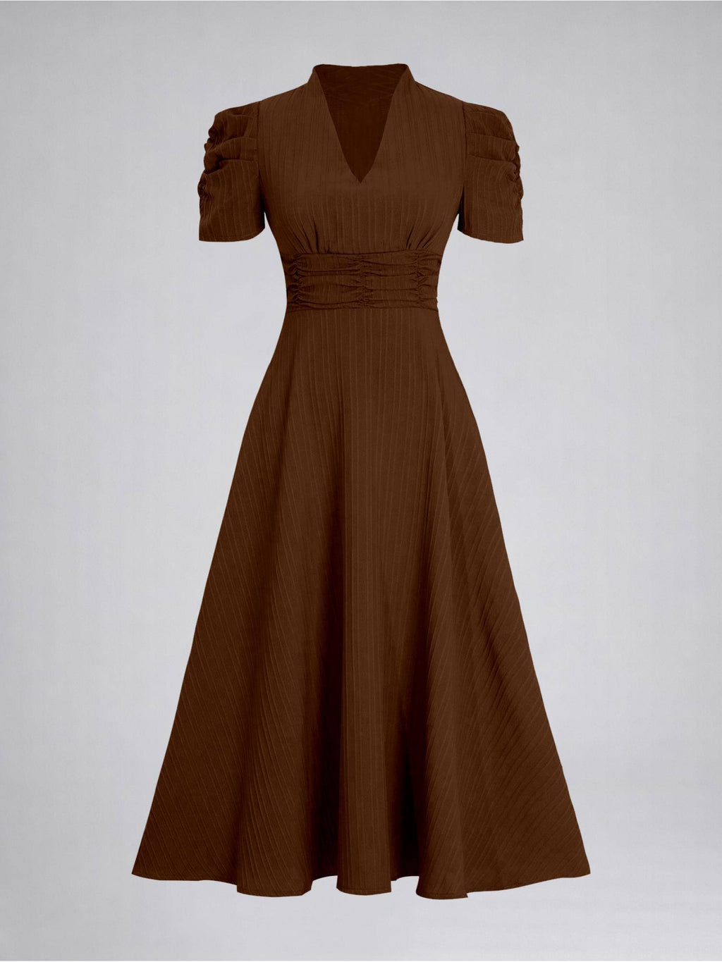 Womens Puff Sleeve Brown Solid V-Neck A-Line Midi Dress | D56 - view 6
