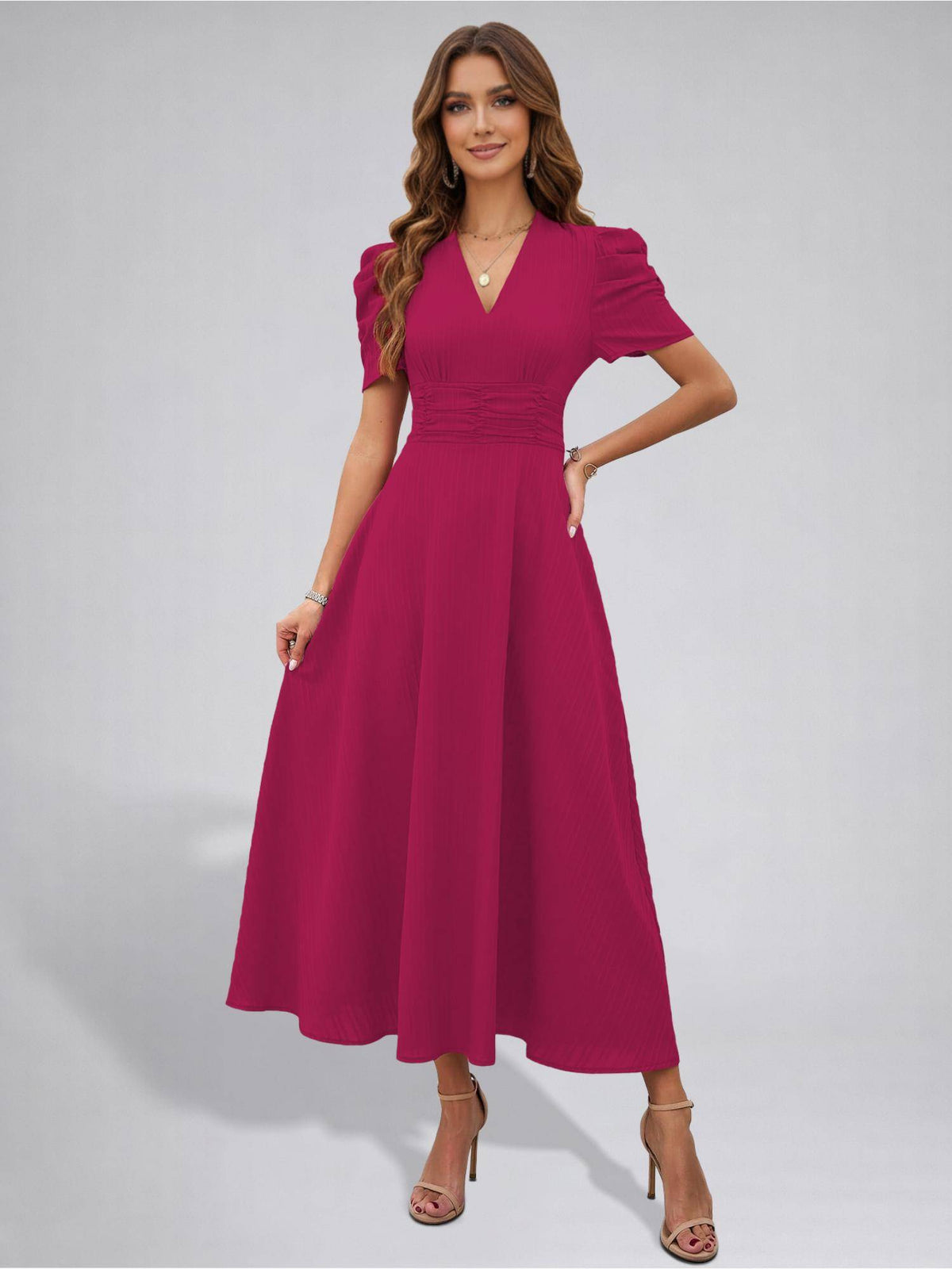 Womens Puff Sleeve Pista Solid V-Neck A-Line Midi Dress | D56 - view 41