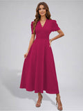 Womens Puff Sleeve Hot Pink Solid V-Neck A-Line Midi Dress | D56 - view 1