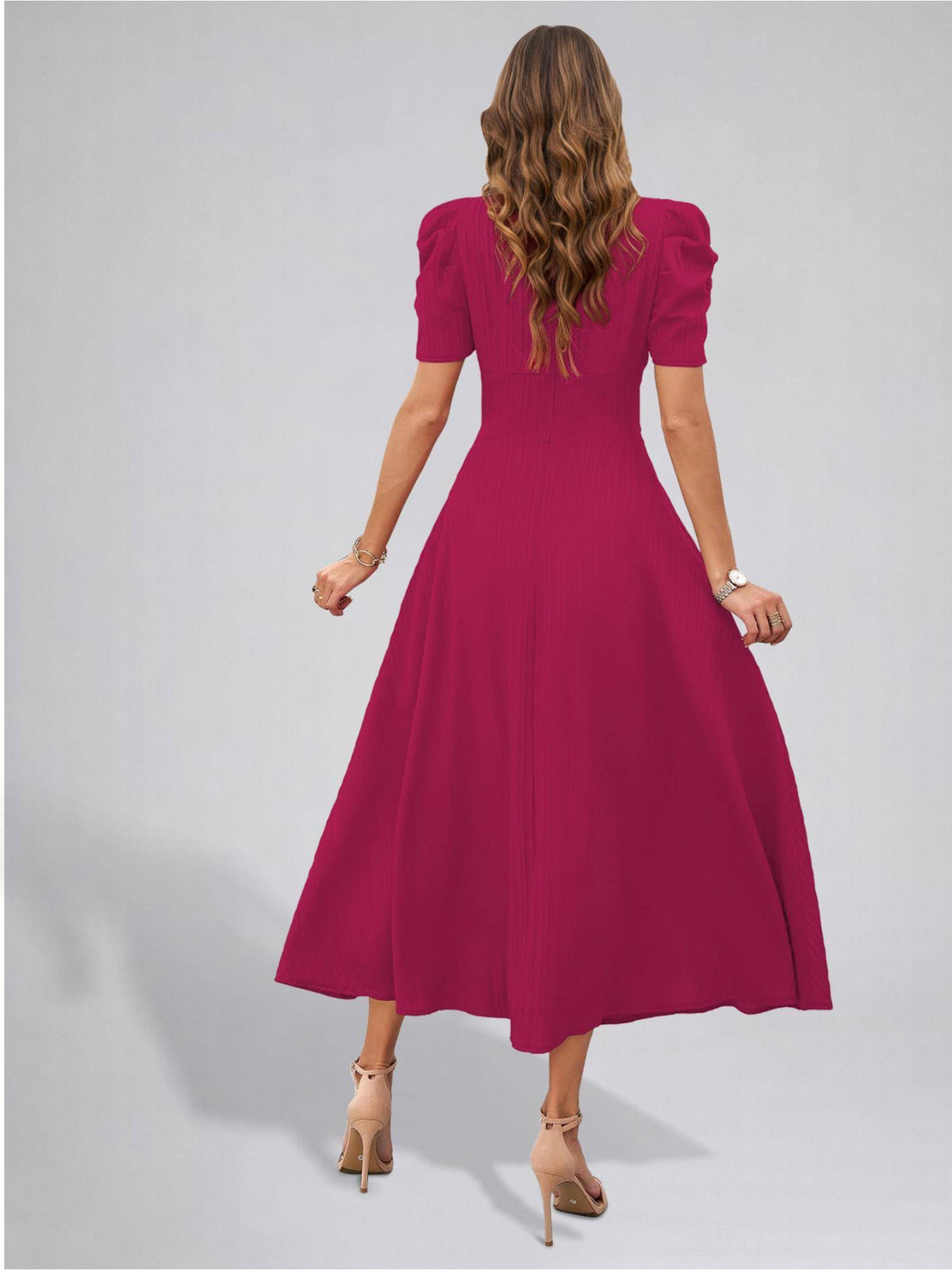 Womens Puff Sleeve Hot Pink Solid V-Neck A-Line Midi Dress | D56 - view 2