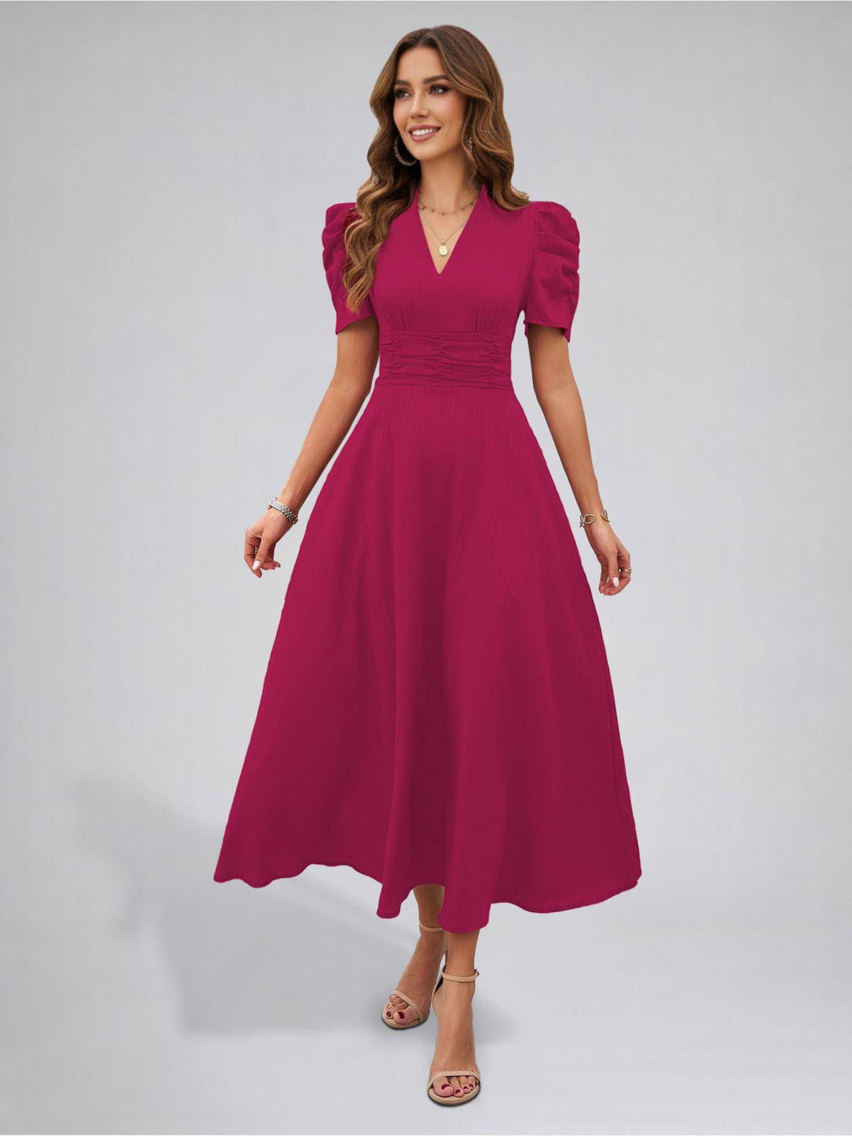 Womens Puff Sleeve Hot Pink Solid V-Neck A-Line Midi Dress | D56 - view 3