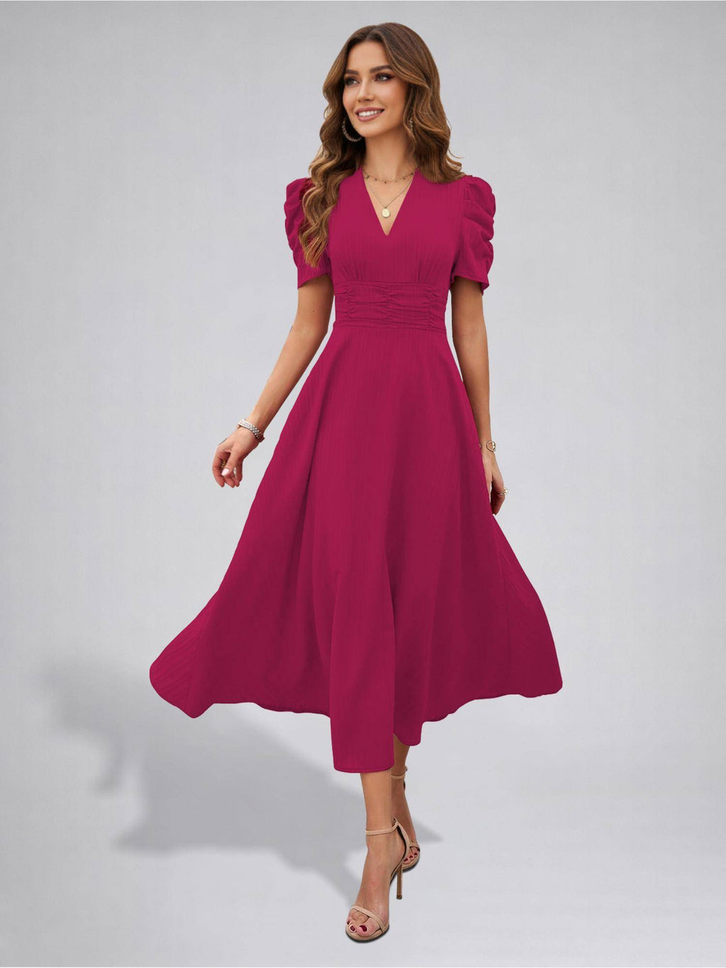 Womens Puff Sleeve Hot Pink Solid V-Neck A-Line Midi Dress | D56 - view 4