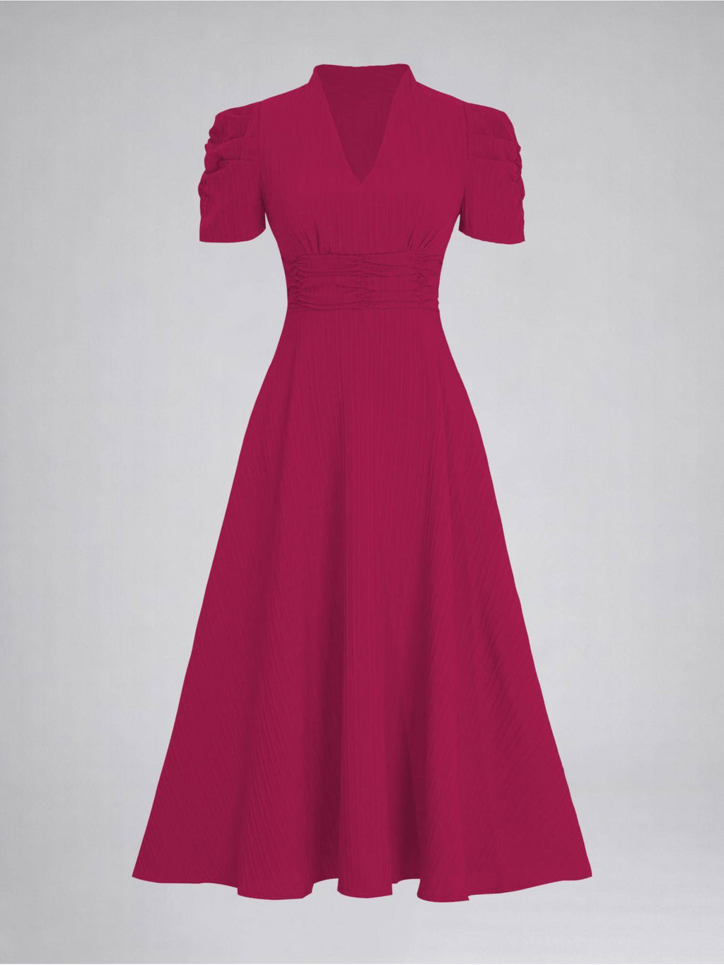 Womens Puff Sleeve Hot Pink Solid V-Neck A-Line Midi Dress | D56 - view 5