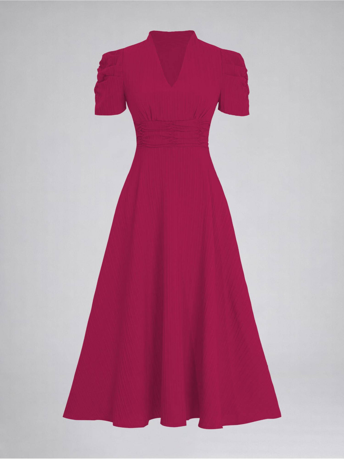 Womens Puff Sleeve Hot Pink Solid V-Neck A-Line Midi Dress | D56 - view 5