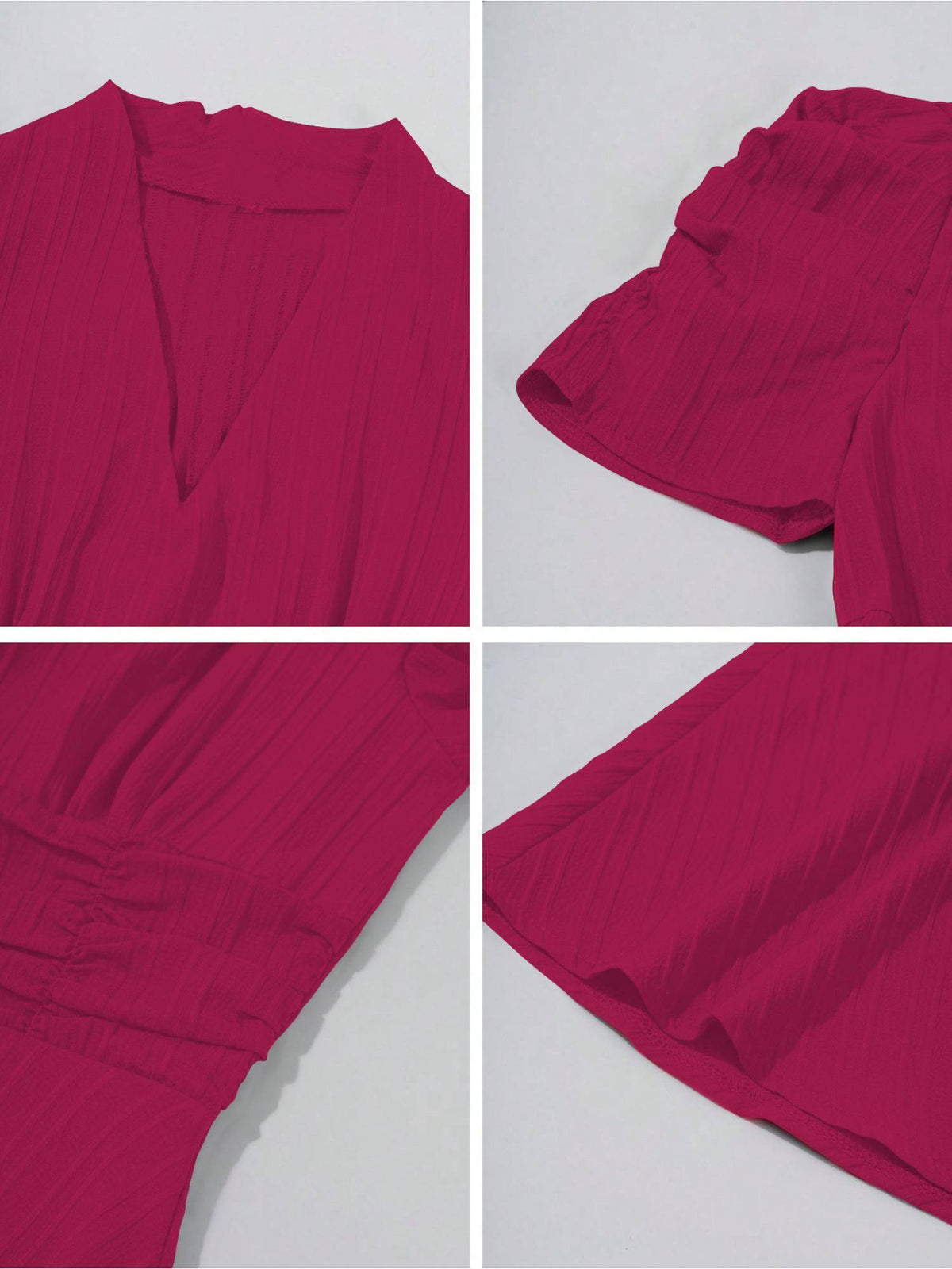 Womens Puff Sleeve Hot Pink Solid V-Neck A-Line Midi Dress | D56 - view 6