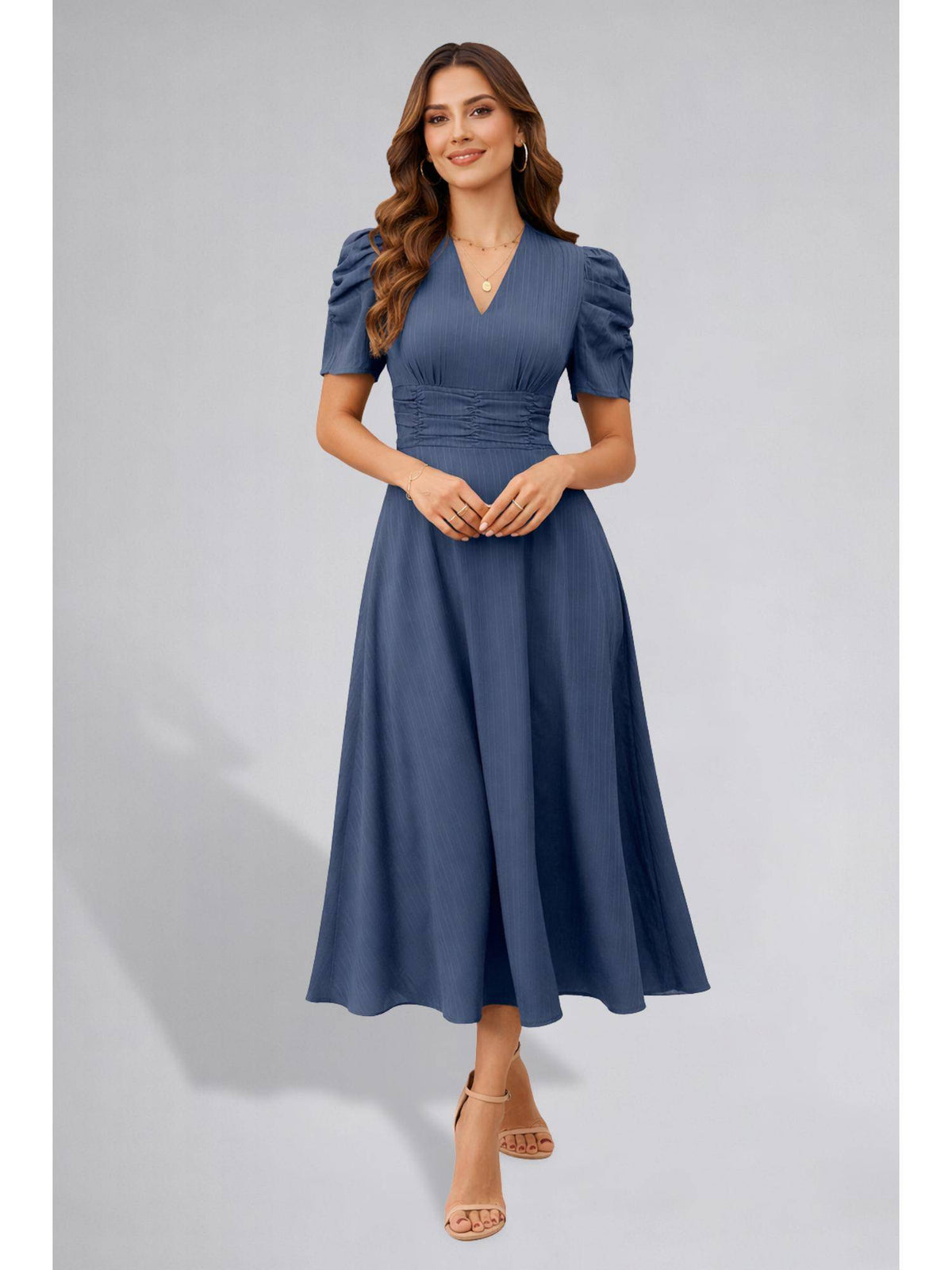 Womens Puff Sleeve Hot Pink Solid V-Neck A-Line Midi Dress | D56 - view 14