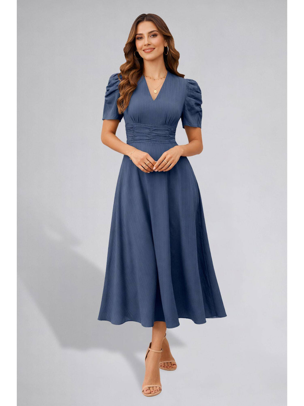 Womens Puff Sleeve Pista Solid V-Neck A-Line Midi Dress | D56 - view 54